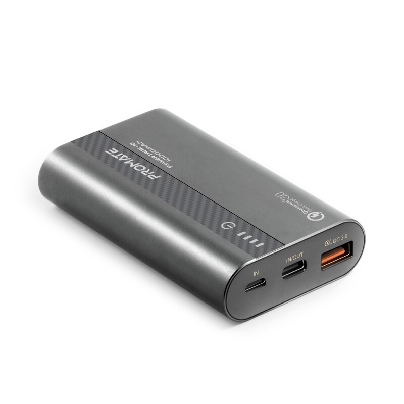 Promate 10000mAh PowerTank-10 USB-C Power Bank, Compact Palm Size 18W USB Type-C Input /Output Power Delivery External Battery Charger with QC 3.0 Port for iPhone XS /XS Max, Samsung S9/S9+, Grey